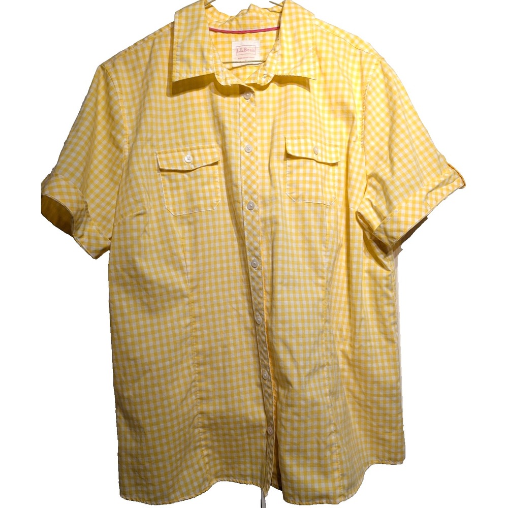 LL Bean Shirt Womens‎ Large Yellow White Gingham Short Sleeve Button Up Pockets